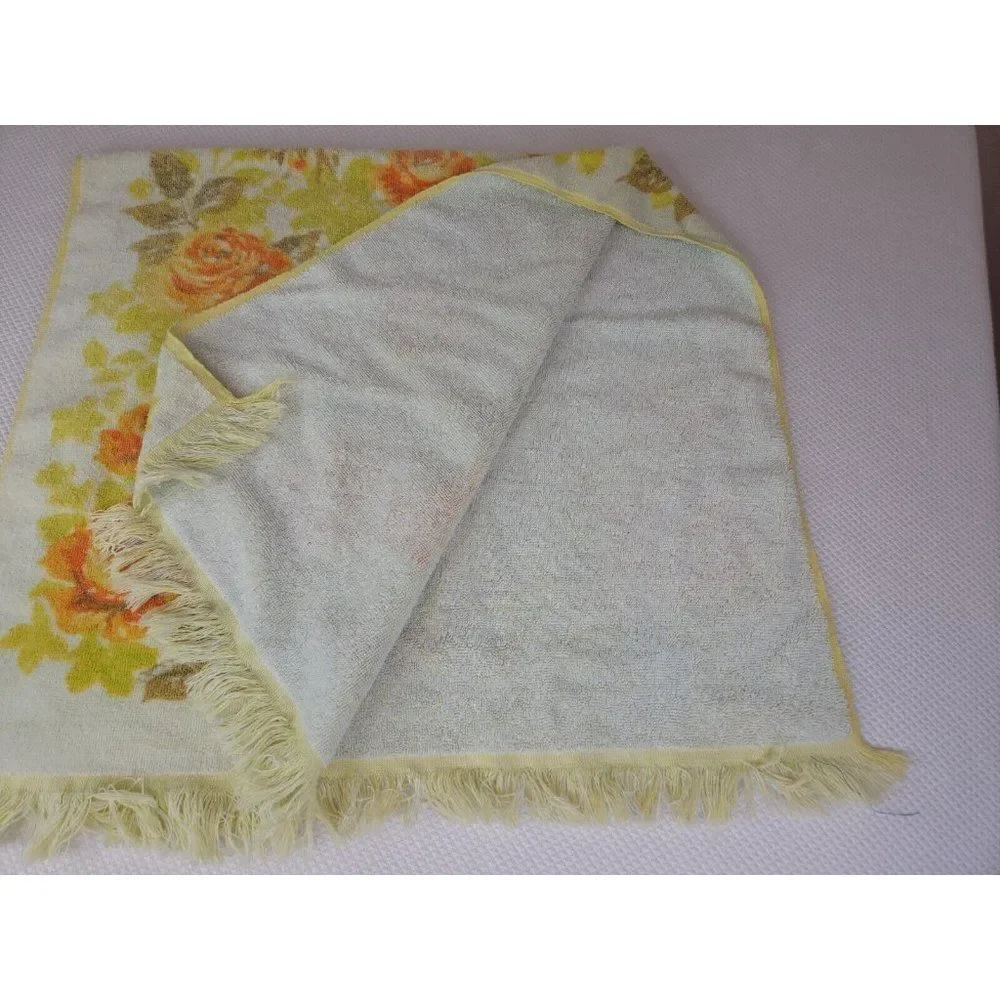 Vintage Canon 70s Bath Towel Yellow Orange Cotton Fringe Hollywood Regency